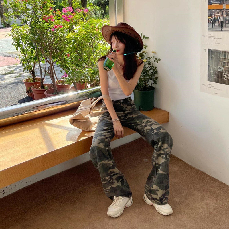 Streetwear Jeans Kamuflase Wanita Pinggang Tinggi 2022 Celana Panjang Tren Mode Korea Celana Kargo ArmyGreen Y2k Jeans Longgar Lurus