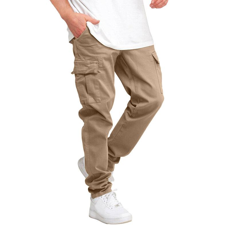 Мужские повседневные однотонные спортивные брюки с поясом и карманами