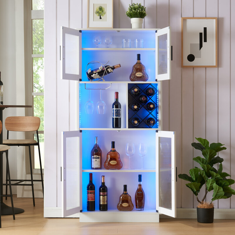 Armoire à vin et bar avec lumières LED, étagère de rangement, porte en verre, autoportante, maison, cuisine, salle à manger