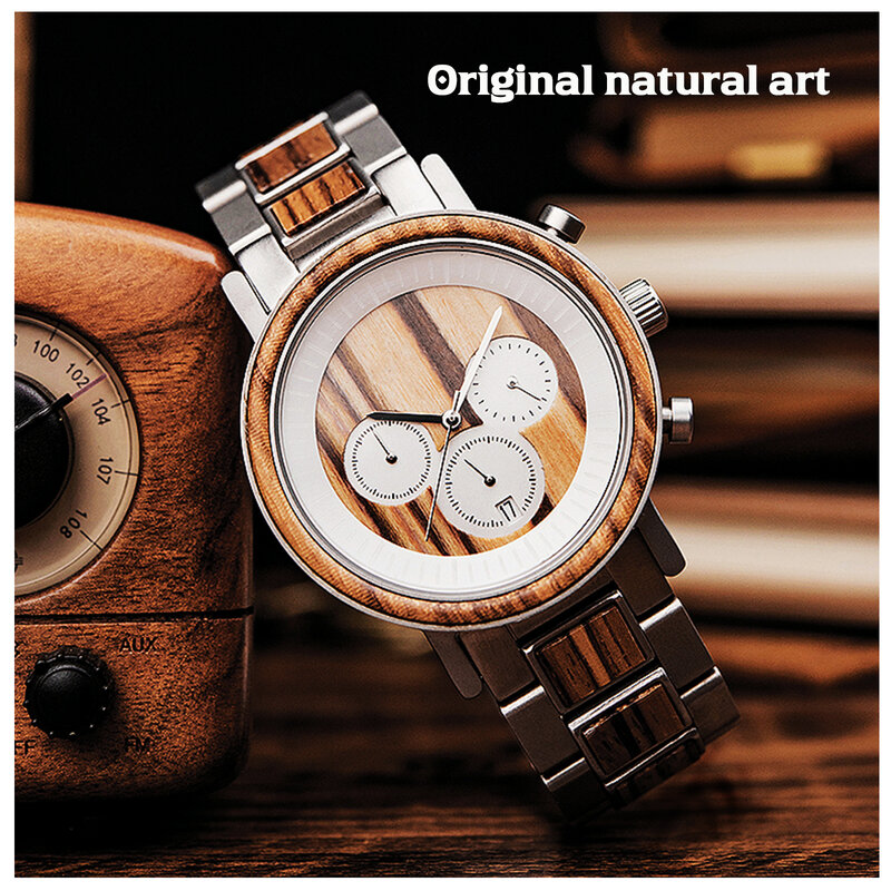 Jam tangan pria kayu multifungsi, jam tangan tampilan Quartz Analog bisnis kasual, hadiah terbaik untuk Hari Valentine/Natal