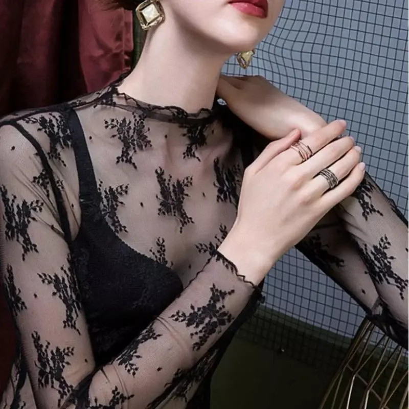 Baju blus bordir bunga renda wanita musim panas blus jaring-jaring seksi kemeja hitam tembus pandang elegan transparan
