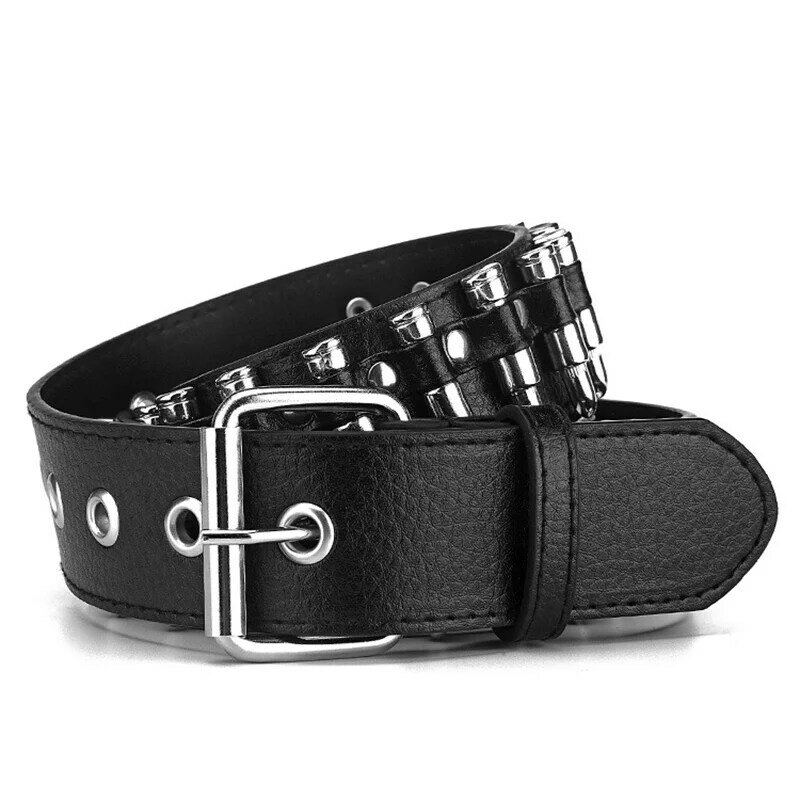 GAOKE-Cinturón de decoración de bala hueca para mujer, cinturón de cuero con tachuelas de moda para hombre, gótico, Rock, salvaje, ajustable, Punk, negro
