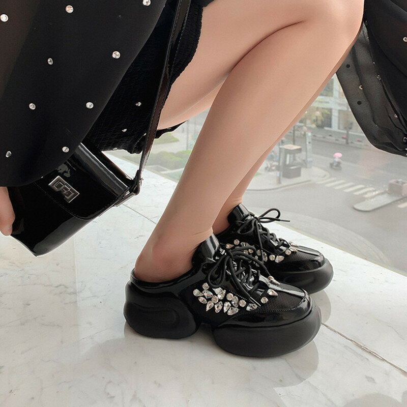 Muffin Bottom Breathable Mesh Rhinestone Lace Casual and Comfortable Street Commuting Trend Four Seasons Ladies Leather Shoes
