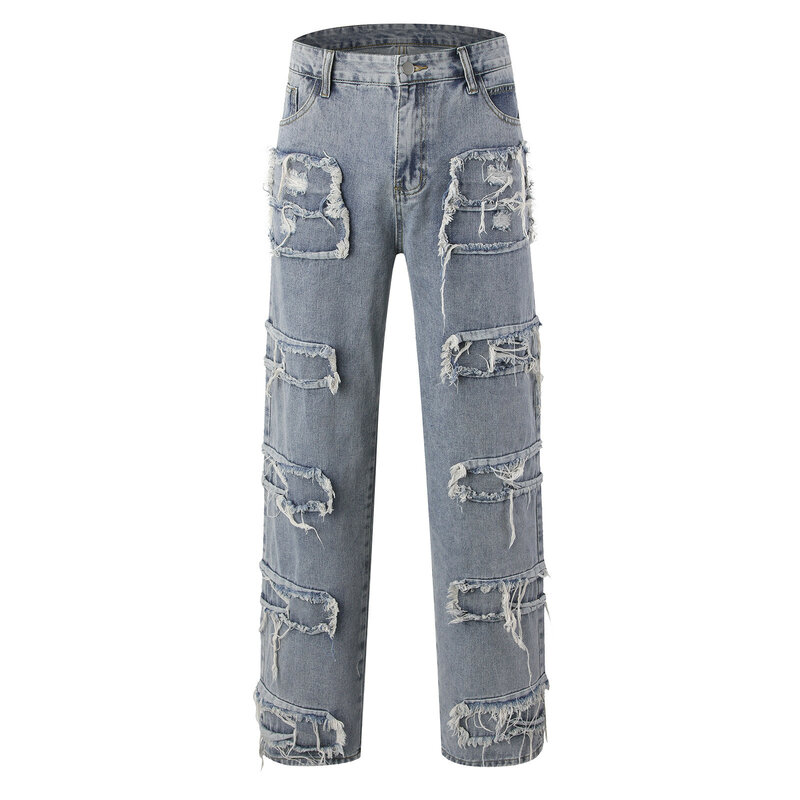 Męskie spodnie z wypranymi dżinsami 2023, nowe, stylowe, hiphopowe, streetwear, męskie, solidne, retro, w trudnej sytuacji, proste spodnie dżinsowe