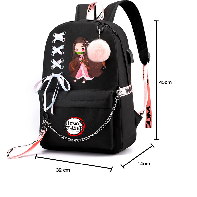حقيبة ظهر قماشية بطبقة أنيمي شيطان للنساء والفتيات ، حقائب لاب توب USB ، العودة إلى المدرسة ، هدايا كاواي ، سعة كبيرة ، طالب ، طفل