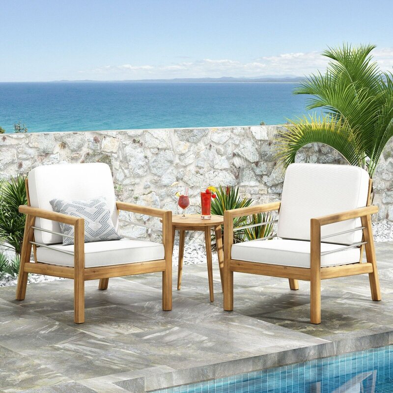 Lindsey Outdoor Acacia Club Chair with Cushions, 2 Piece Set, Beige & Teak-