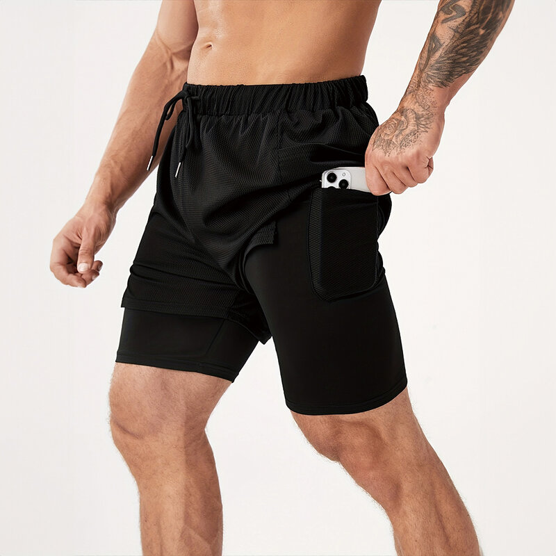 Pantalones cortos deportivos de gimnasio para hombre, 2 en 1, pantalones cortos de doble capa para correr, secado rápido, transpirables, ropa de entrenamiento y Fitness