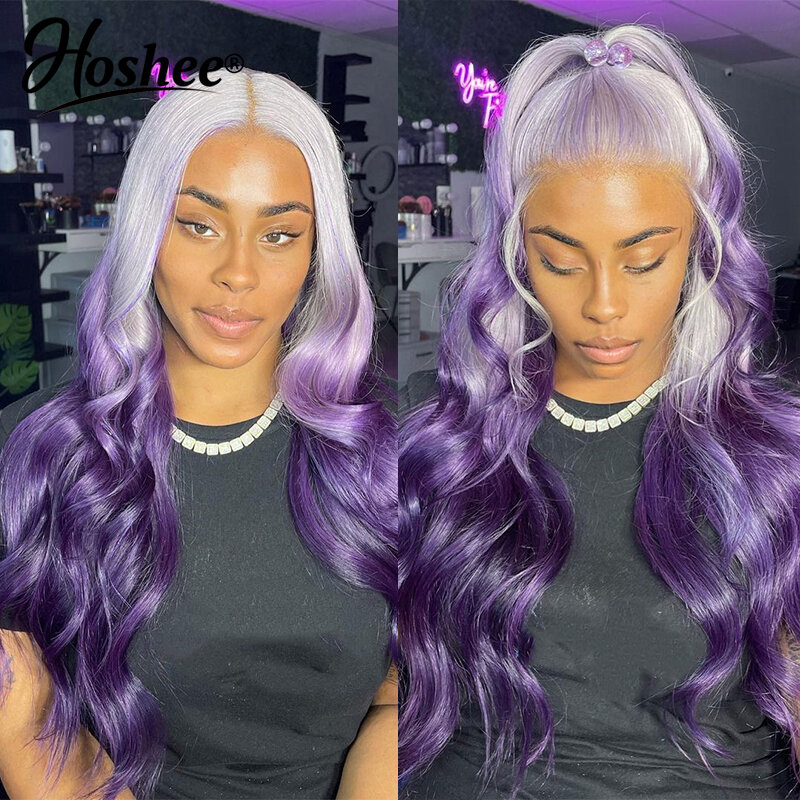 Perruque Lace Front Wig Body Wave brésilienne Remy sans colle, cheveux naturels, 13x4, couleur ombrée, violet, document, en vente, pour femmes africaines