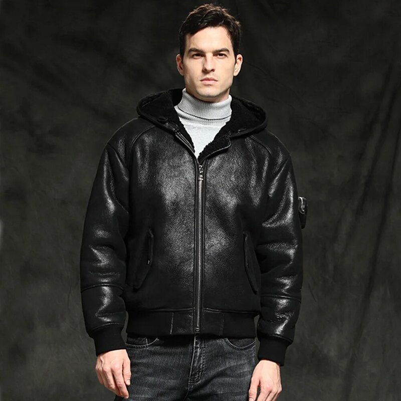 Men Hooded Real Fur Coat 2022 New LUHAYESA 100% Natural Sheepskin Shearling Clothing Winter Black Warm Outerwear