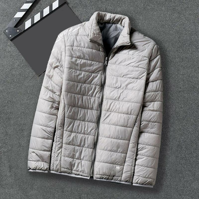 Solid Color Jacket Men Cotton Coat Windproof Men's Winter Cotton Coat with Stand Collar Padded Pockets Soft Zip-up for Neck