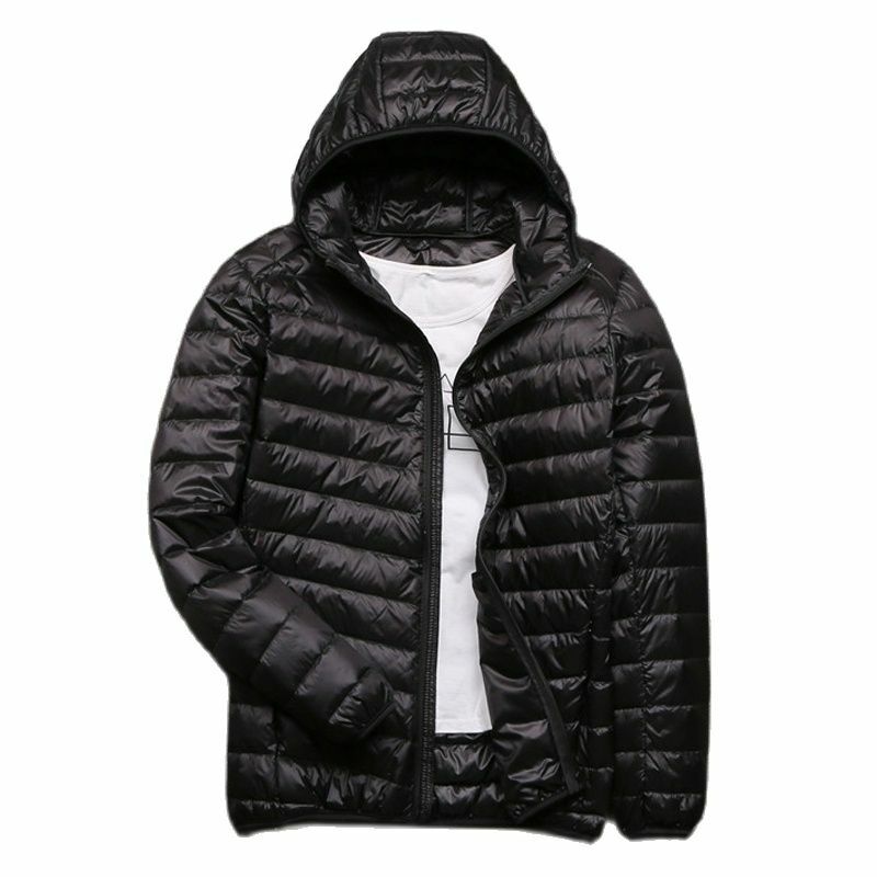 Męskie zimowe płaszcz z kaczego puchu Ultra lekkie kurtki z kapturem męskie przenośne wiatroszczelne ciepłe parki odzież męska Plus rozmiar 5xl 6XL