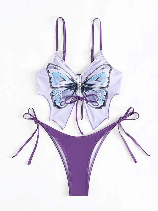 2023 nowy seksowny motyl świeży Split Bikini gorące wiosenne wakacje sznurowane strój kąpielowy Bikini dwuczęściowy kostium kąpielowy