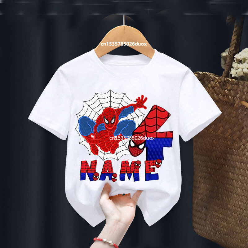 Summer Spiderman Personalize Name Birthday Boy Short Sleeved White T-shirt Kid 2 3 4 5 6 7 8 9 Spider Man Birthday Girls Shirts