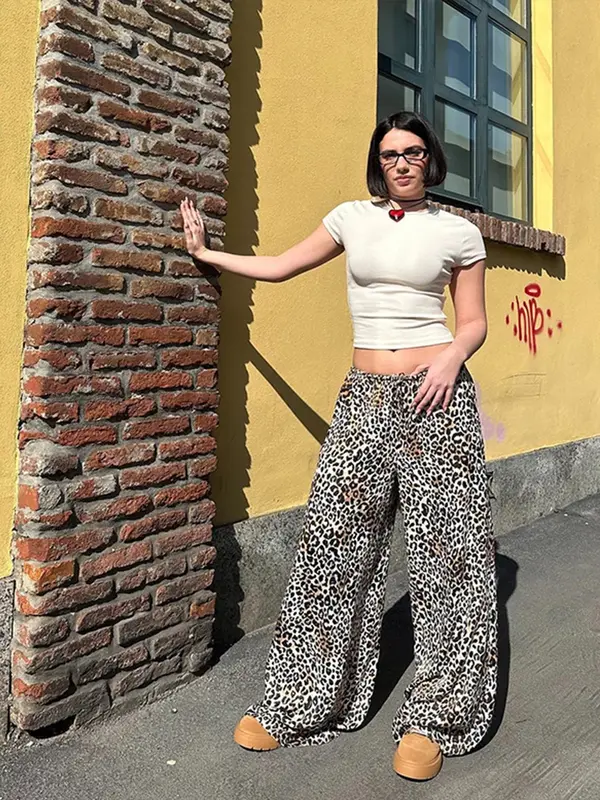 Pantalon à jambes larges imprimé léopard vintage pour femme, streetwear décontracté, taille haute, mode printemps et été, dame de bureau, FJ2K, 2024