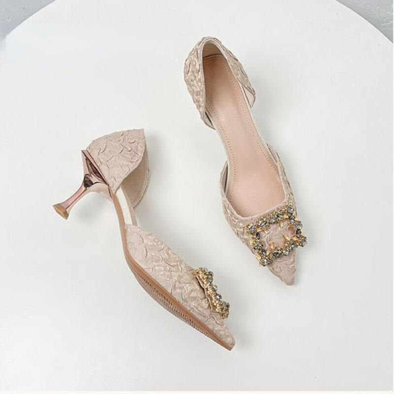 2024 New Summer Crystal Buckle High Heels Women's Folded Pink Silk High Heels Water Diamond Wedding Shoes