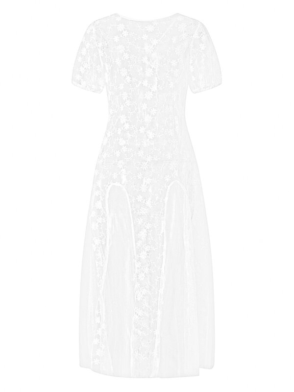 ZZLBUF damska koronkowa prześwitująca sukienka Maxi Y2k z krótkim rękawem koronkowa sukienka kwiecista długa imprezowy Streetwear
