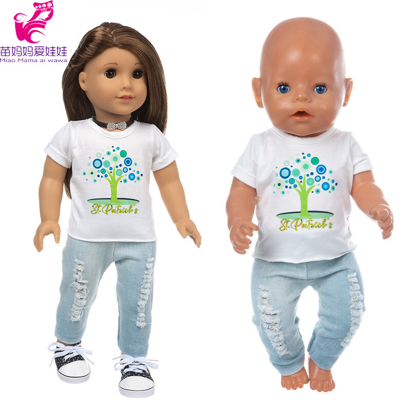 43cm roupas de boneca do bebê camisa denim calças nenuco ropa y su hermanita 18 Polegada roupas de boneca menina jeans rasgados
