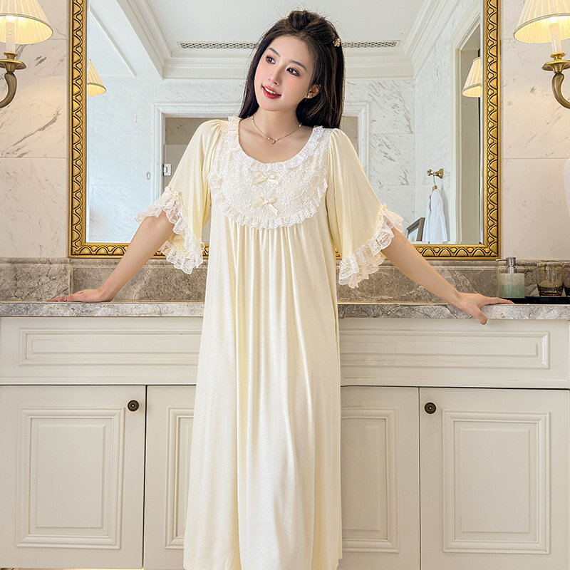 Women Summer Short Sleeves Round Neck Nightdress Princess Sweet Lace Long Mid-Calf Nightgowns Loose Design Home Dresses Nightie