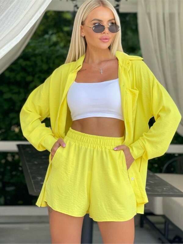 2024 Spring Summer New Short Two Piece Set Women Fashion Simple Style Lady Commuting Sets Long Sleeve Shirts Shorts 2 Piece Suit