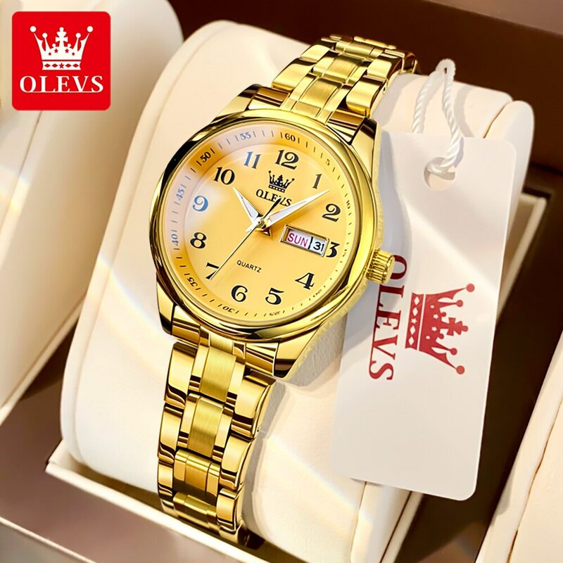 OLEVS-reloj de cuarzo de lujo para mujer, elegante reloj de acero inoxidable luminoso, resistente al agua, reloj de pulsera con fecha de semana, reloj de vestir para mujer