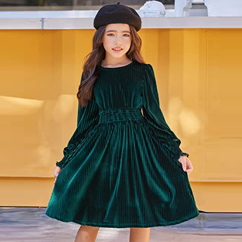 Children's New Dress Girl Long Sleeve Velvet Mid length Autumn/Winter Birthday Retro Princess Dress
