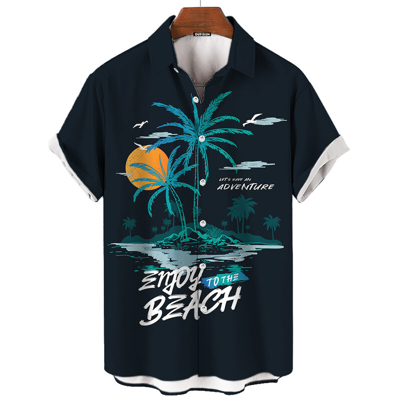 Coqueiro 3D masculino estampa havaiana camisas, verão praia casual manga curta camisas, moda rua roupas de grandes dimensões, novo, 2024