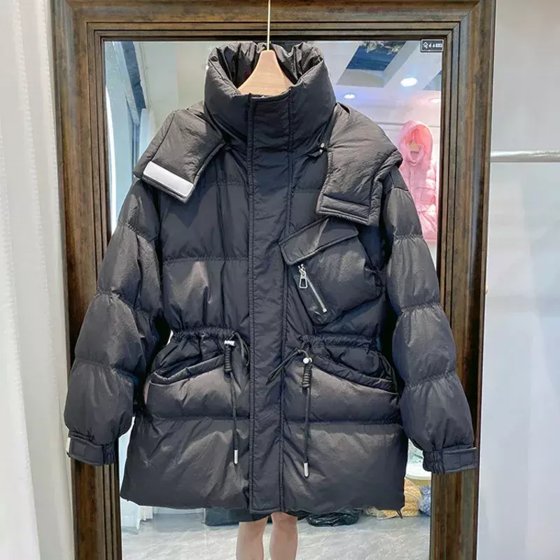 2023 new winter down jacket women's waist thickening inclined zipper pocket 90% white duck down high-quality black yellow coat