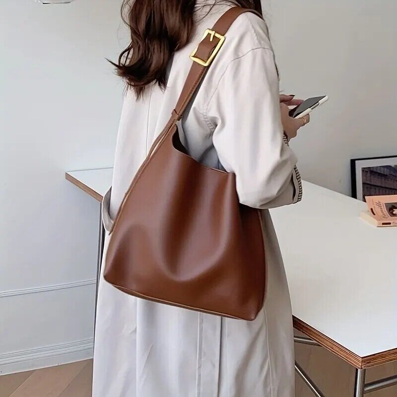 Tas selempang wanita, kantung bahu kulit PU minimalis perempuan untuk bekerja