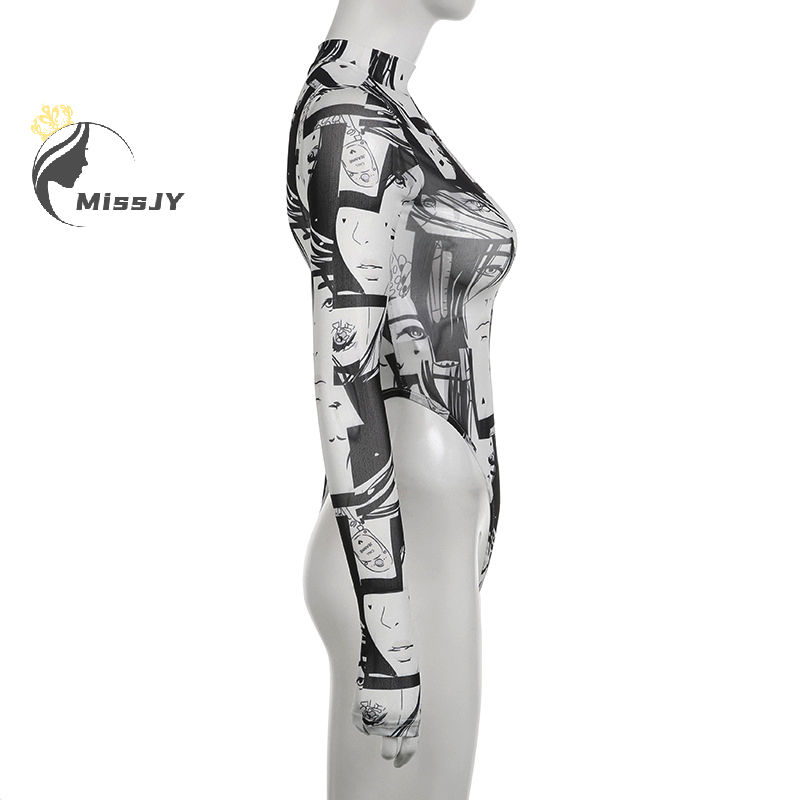 Body transparente de malla para mujer, camiseta Sexy con estampado de dibujos animados, cintura alta, transparente, elástica, manga con agujero de mano, moda de otoño