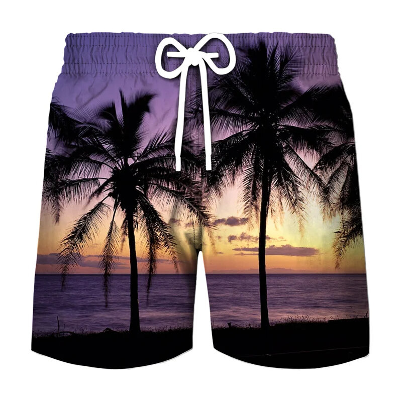 Pantalones cortos con estampado 3D de árbol de coco Hawaiano para hombre, bañadores gráficos de puesta de sol de paisaje Natural, moda para surfear, vacaciones, Playa