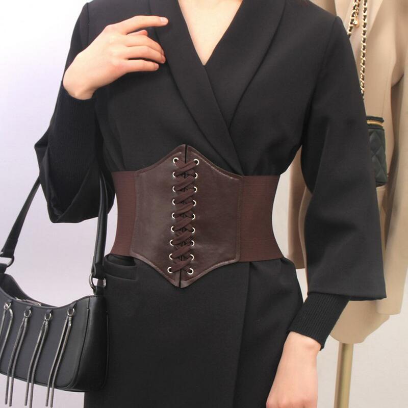 Espartilho elástico de couro sintético para mulheres, cintura corporal, cinto largo com cordões, acessórios de roupas, shaping requintado