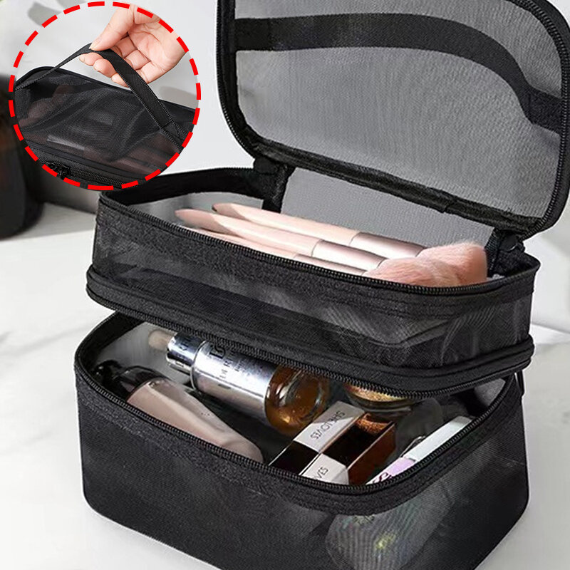New Makeup Storage Pouch Wash Bag Mesh Beauty Bag Double-Layer Handbag Transparent Women Business Trip Toiletrie Organizer