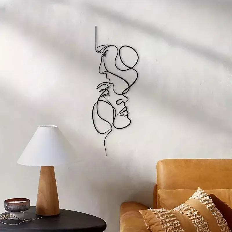 Arte de pared de Metal minimalista, decoración de línea Facial, escultura de pared de hierro abstracta, decoración de arte colgante moderna para el hogar negro