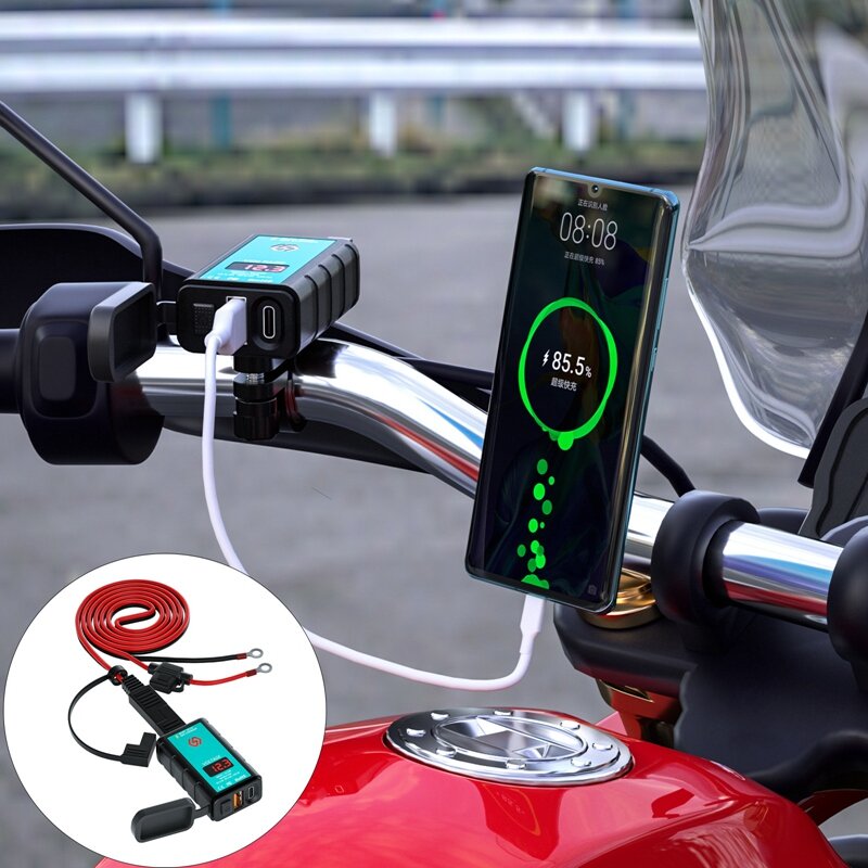 Cargador USB tipo C para motocicleta, interruptor de voltímetro LED, SAE a USB tipo C, 12-24V