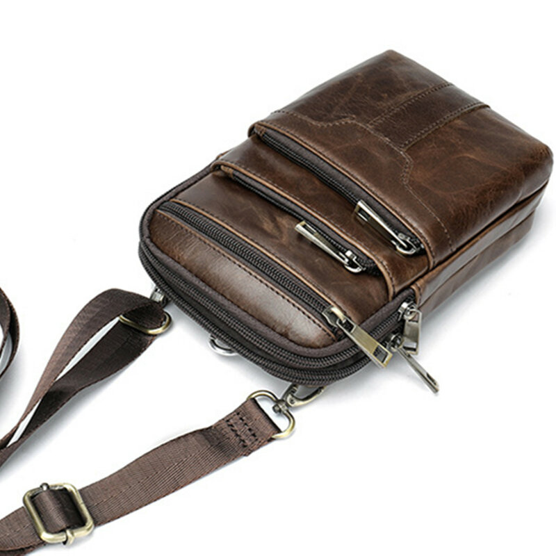 Genuine Cowhide Leather Shoulder Messenger Bags Pocket Waist Pack Mobile Phone  MP4 Storage Handbag Travel Waterproofing Sports