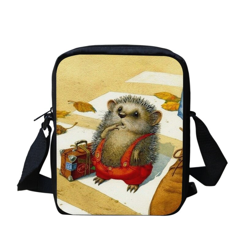 Pequena bolsa mensageiro para mulheres, desenho animado kawaii, estampa padrão ouriço, bolsa de ombro infantil, bolsa tiracolo ajustável para viagem de lazer