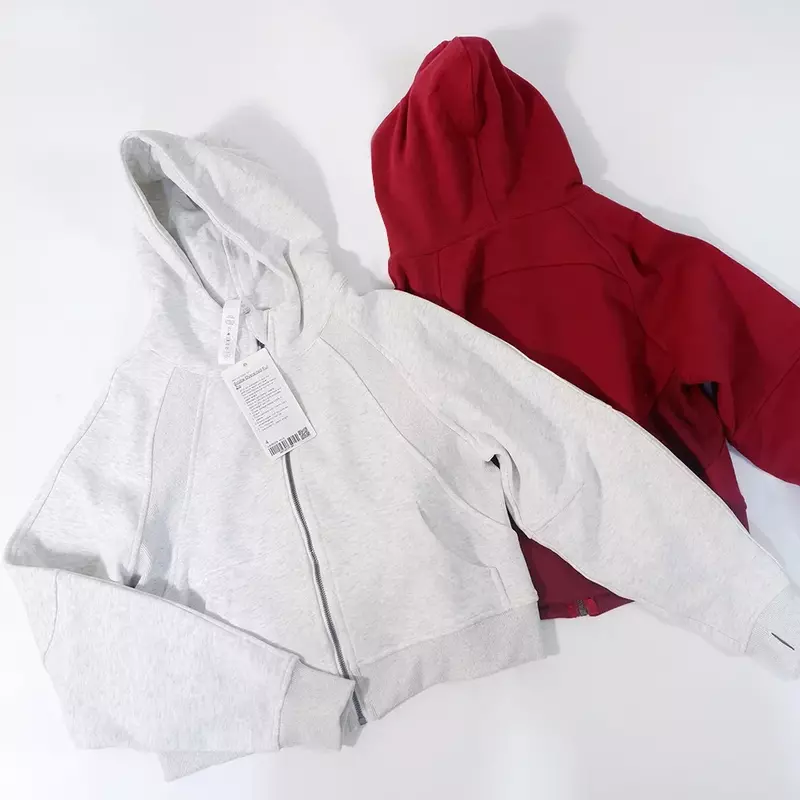 Scuba Oversized Hooded Jacket with Full Zipper, Long Sleeve Crop Top, Fitness Sports Coat, Gym Yoga Shirts, Sportswear