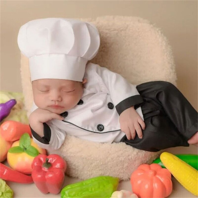 K5dd 3 pçs adereços fotografia terno para bebê menina meninos recém-nascidos chapéu cozinheiro casaco foto traje cosplay foto