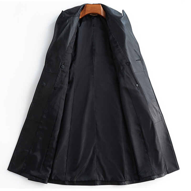 Casaco longo de couro PU preto para mulheres, manga comprida, dragonas de cinto, estilo britânico, sobretudo da moda, outono 2024