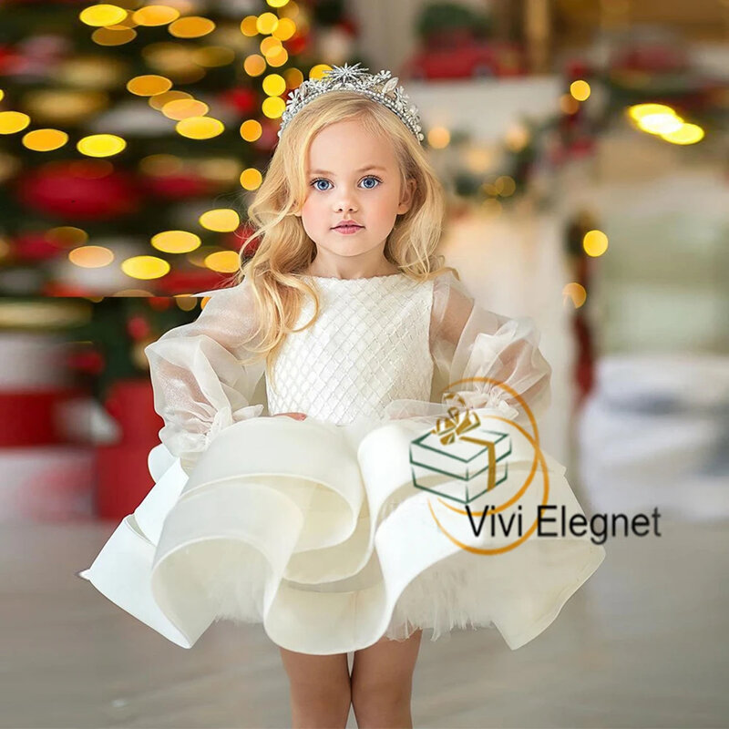 Scoop Full Sleeve Flower Girls Dresses for Kids 2024 Summer Tiered Knee Length Christmas Gowns with Sequined New فلور فتاة اللبا