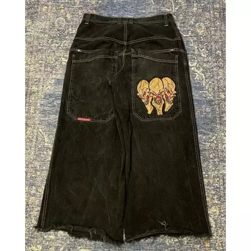 Retro Skull Pattern Embroidered Loose Jeans 2024 JNCO Jeans Y2K Harajuku Black Pants Men's and Women's Gothic High Waist Pants