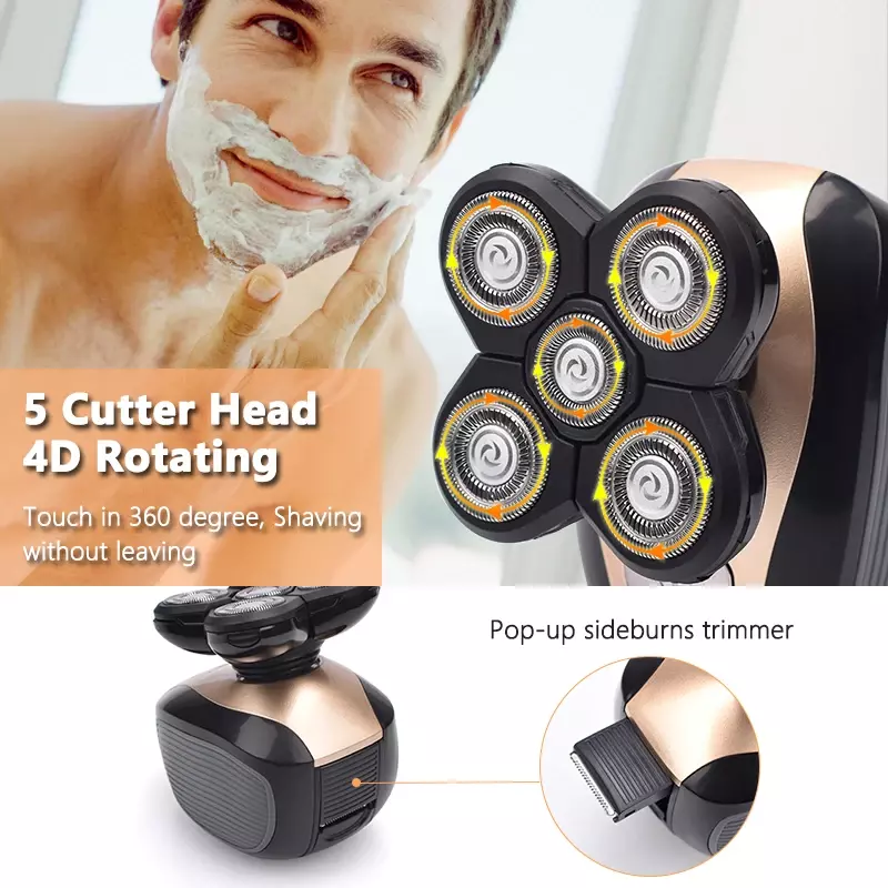 Afeitadora eléctrica recargable para hombre, cortador de pelo para orejas, nariz y barba, cepillo facial con 5 cabezales para una cabeza rapada, flotantes, 5 en 1, 4D