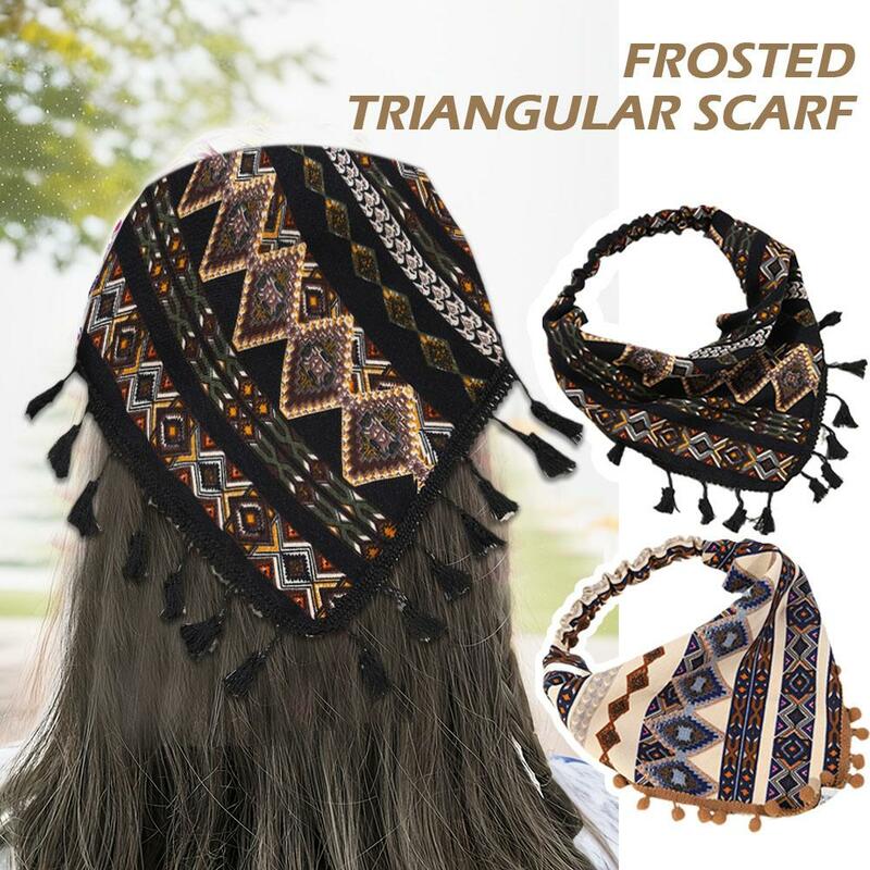 Syal segitiga buram ikat kepala wanita Turban pola rumbai Bandana penutup kepala mode Aksesori geometris Fashion R4y3