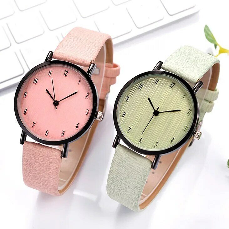 Relógio de quartzo de couro feminino, mostrador redondo, pulseira retrô, relógio de pulso feminino, reloj, 2024