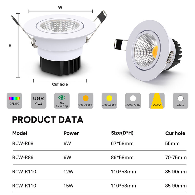 DBF LED 스포트라이트 장식 천장 램프, 슈퍼 브라이트 매입형 LED 다운라이트 COB, 6W, 9W, 12W, 15W, AC 110V, 220V