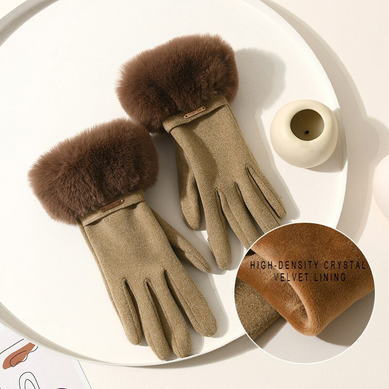 Winter Elegante Dameshandschoenen Touchscreen Fluweel Verdikte Handschoenen Konijnenbont Dames Warme Wanten Handschoen