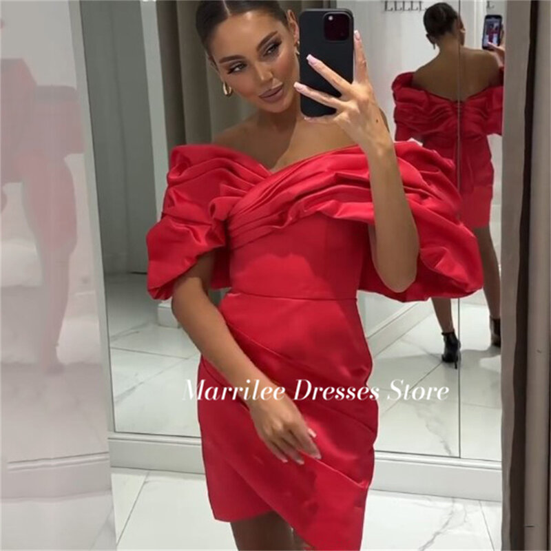 Marrilee Charming Red Pleated Mini Off The Shoulder Stain Wedding Dress Mermaid Above Knee Sleeveless Short Sexy Prom Party Gown