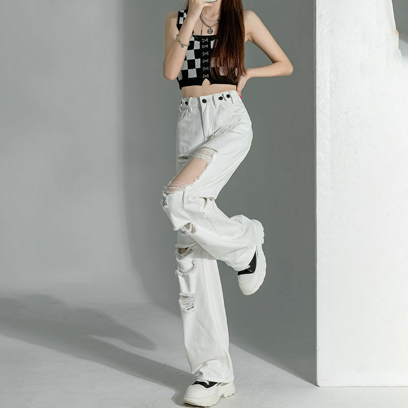 Jeans branco afligido feminino, cintura alta, perna reta, cortina, calça de perna larga, fina, verão, Instagram Trend, Novo, 2024