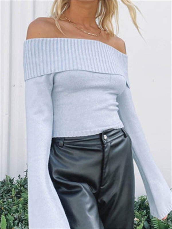 CHRONSTYLE-Suéteres de malha femininos com gola fina, tops de manga comprida, pulôveres com nervuras fora do ombro, slim fit, jumpers casuais, streetwear