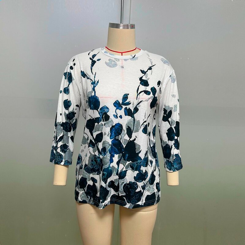 Women'S Summer T-Shirt Fashion And Casual 3/4 Sleeve Flower Print Collar Pullover Top Crop Top Women 2024 футболка женский